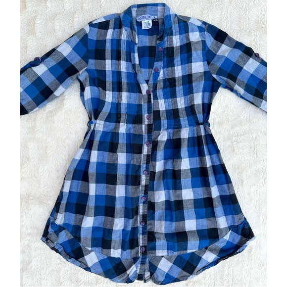 TBF Blue Plaid Button Down Quarter Length Sleeve Flannel Dress - Picture 3 of 17